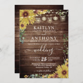 ウッド素朴ヒマワライトMason Jars結婚の 招待状 (正面/裏面)