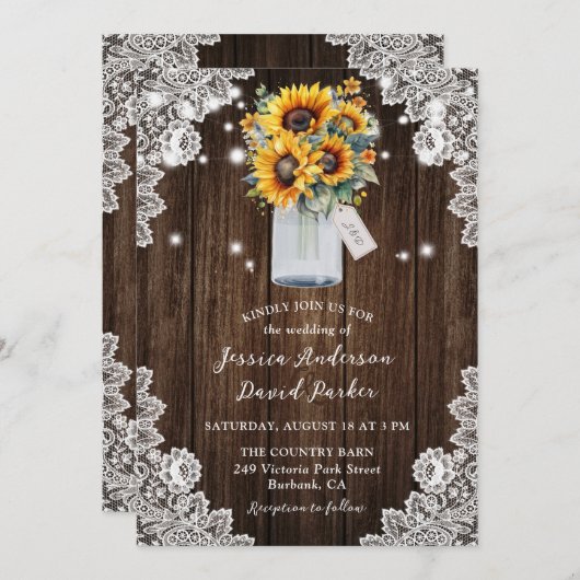 ウッド素朴ヒマワリ結婚のメイスン 招待状 (正面/裏面)