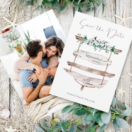 ウッド素朴ビーチサインウォーターカラーフローラフォト セーブザデート