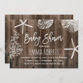 ウッド素朴ビーチヒトデ&シーシェルベビーシャワー 招待状 (正面/裏面)