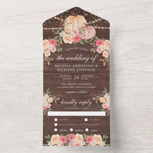 ウッド素朴ピンクとピーチパンプキンのフローラ結婚ズ オールインワン招待状 (内側)