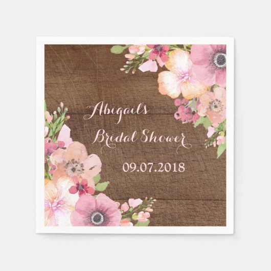 ウッド素朴ピンクウォーターカラーブライダルシャワーナプキンス スタンダードカクテルナプキン (正面)