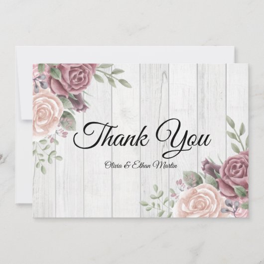 ウッド素朴ピンクウォーターカラーボホフローラありがとう サンキューカード (正面)
