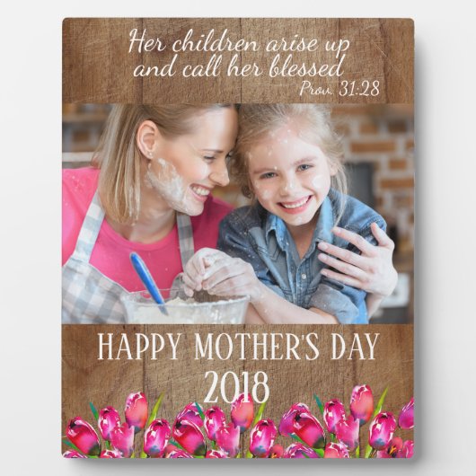 ウッド素朴ピンクチューリップ写真母の日プラーク フォトプラーク (正面)