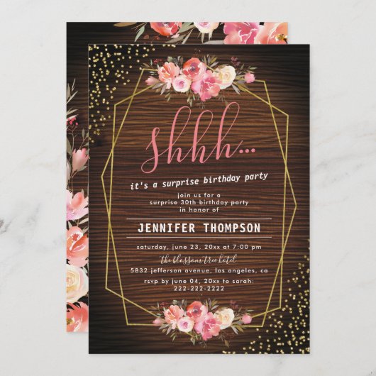 ウッド素朴ピンクフローラサプライズ誕生日パーティー 招待状 (正面/裏面)