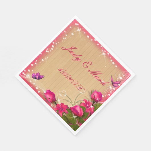 ウッド素朴ピンクフローラバタフライ結婚ズ紙 スタンダードランチョンナプキン (角)