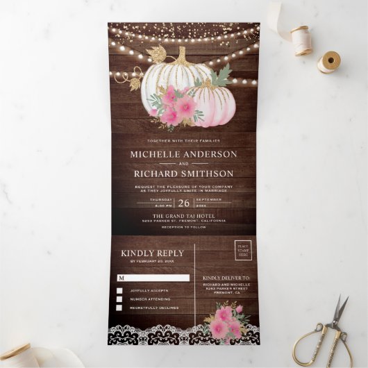 ウッド素朴ピンクフローラホワイトパンプキン秋の結婚式 三つ折り招待状 (内部)