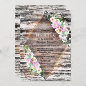 ウッド素朴ピンクフローラ幾何学的ブライダルハイティー 招待状 (正面/裏面)