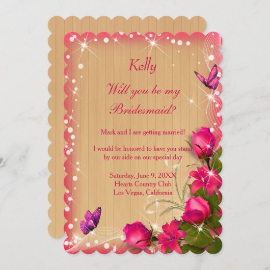 ウッド素朴ピンクフローラ蝶の花嫁 招待状 (正面/裏面)