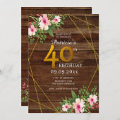 ウッド素朴ピンクフローラ金ゴールドグリッター40th誕生日 招待状 (正面/裏面)