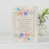 ウッド素朴ピンクブルーフローラカップルブライダルシャワー 招待状 (スタンド正面)