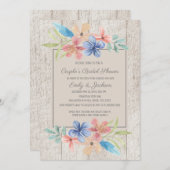 ウッド素朴ピンクブルーフローラカップルブライダルシャワー 招待状 (正面/裏面)