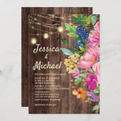 ウッド素朴ピンクブルーフローラストリングライツ結婚ズ 招待状 (正面/裏面)