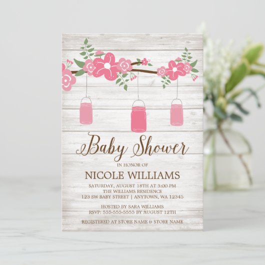 ウッド素朴ピンクメイソンジャール枝女子ベビーシャワー 招待状 (スタンド正面)