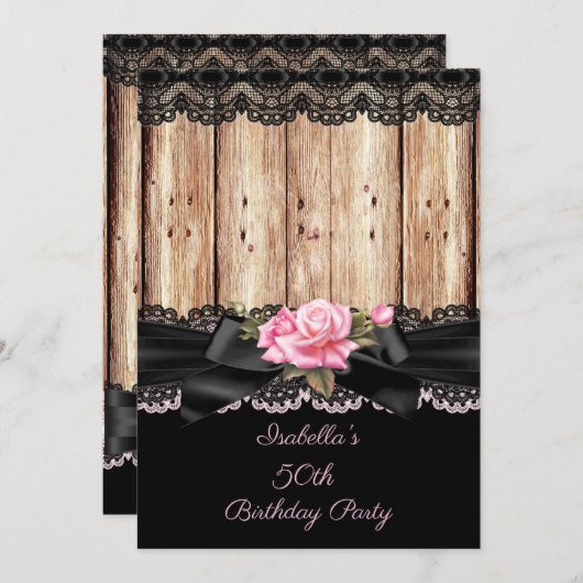 ウッド素朴ピンクローズブラックレースボウ50th誕生日 招待状 (正面/裏面)