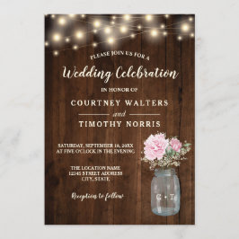 ウッド素朴ピンク牡丹フローラメイスンジャー | 結婚s 招待状