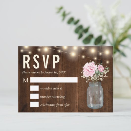 ウッド素朴ピンク牡丹フローラメイスン | RSVPカード 招待状 (スタンド正面)