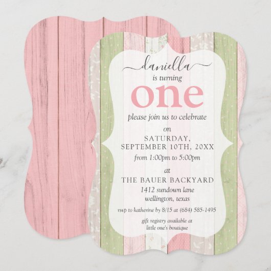 ウッド素朴ピンク&グリーンカスタム時代の誕生日パーティー 招待状 (正面/裏面)