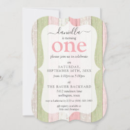 ウッド素朴ピンク&グリーンカスタム時代の誕生日パーティー 招待状