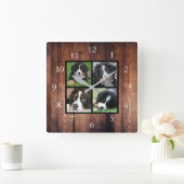 ウッド素朴ファミカスタムリー写真コラージュ スクエア壁時計 (ホーム)