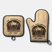 ウッド素朴ファミリーキャビンホーム懇親会ブラウンネーム 鍋つかみ&鍋敷きセット (正面)