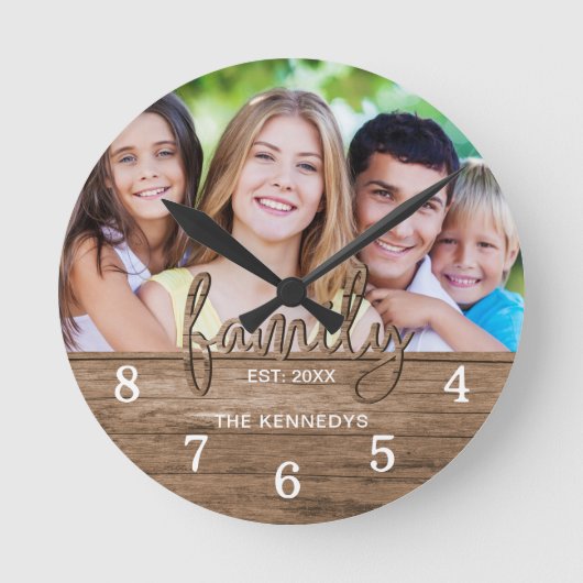 ウッド素朴ファミリータイポグラフィフォトファームハウス ラウンド壁時計 (正面)
