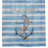 ウッド素朴ファミリービーチハウス航海のストライプ シャワーカーテン (正面)