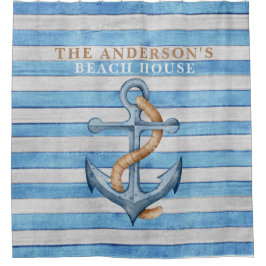 ウッド素朴ファミリービーチハウス航海のストライプ シャワーカーテン