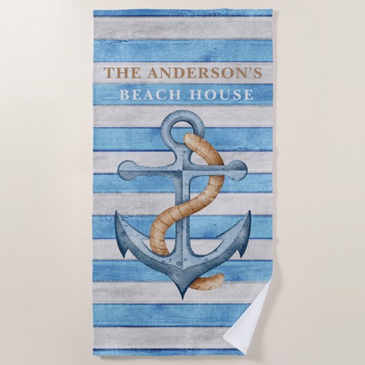 ウッド素朴ファミリービーチハウス航海のストライプ ビーチタオル (正面)
