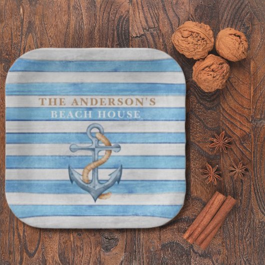 ウッド素朴ファミリービーチハウス航海のストライプ ペーパープレート
