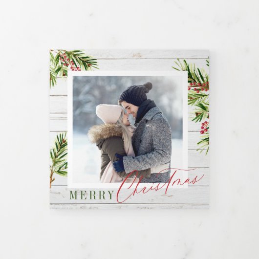 ウッド素朴ファームハウスウォーターカラーパインクリスマス 三つ折りクリスマスカード (カバー)