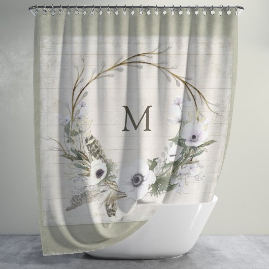 ウッド素朴ファームハウスウォーターカラーリースフローラアート シャワーカーテン