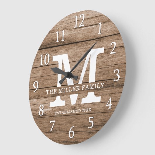 ウッド素朴ファームハウスファミリーネームモノグラム ラージ壁時計 (傾斜)