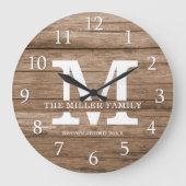 ウッド素朴ファームハウスファミリーネームモノグラム ラージ壁時計 (正面)