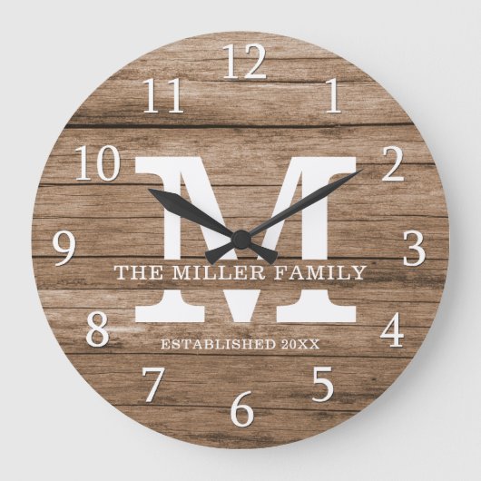 ウッド素朴ファームハウスファミリーネームモノグラム ラージ壁時計 (正面)