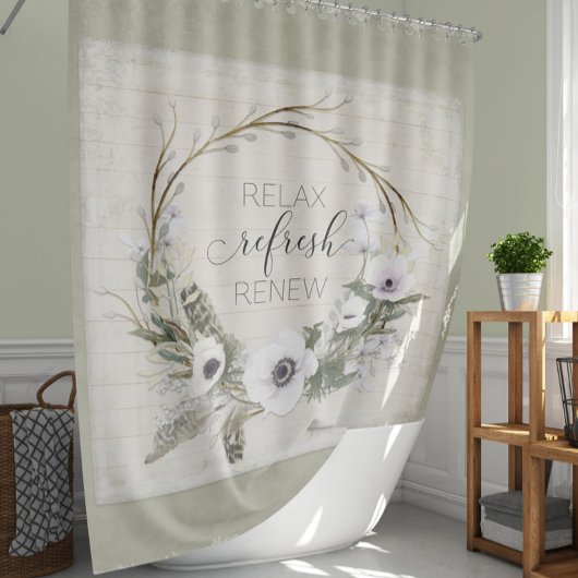ウッド素朴ファームハウスフローラリースセージスクリプト シャワーカーテン