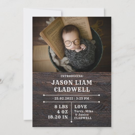 ウッド素朴フォトカスタム誕生カウボーイ 案内状 (裏面)