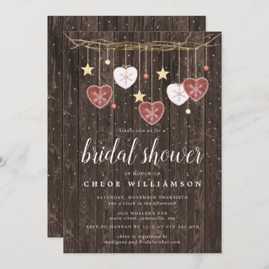 ウッド素朴フォークアートハートブライダルシャワー 招待状 (正面/裏面)