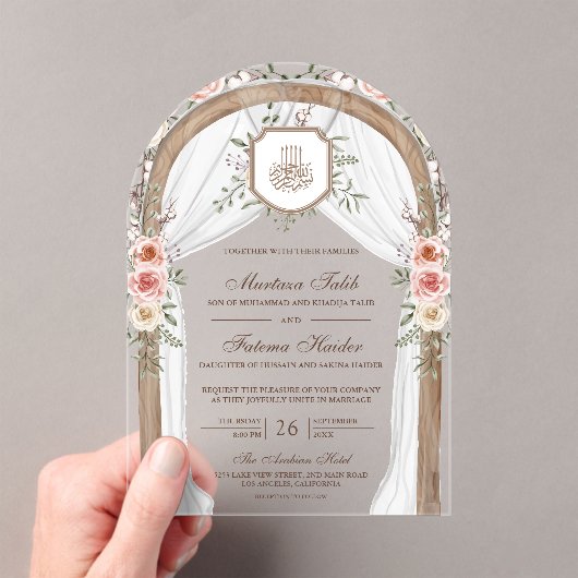 ウッド素朴フローラアーチイスラム結婚教徒 アクリル招待状 (インサイチュ (ポータブル))