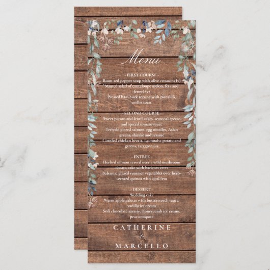 ウッド素朴フローラカスケードモノグラ結婚ムのディナー メニュー (正面/裏面)