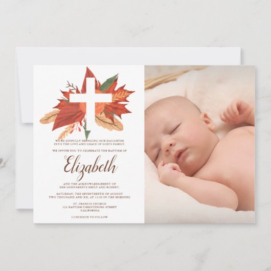 ウッド素朴フローラキリスト教十字洗礼写真撮影 招待状 (正面)