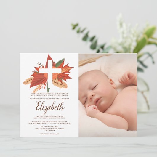 ウッド素朴フローラキリスト教十字洗礼写真撮影 招待状 (スタンド正面)