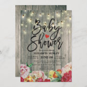 ウッド素朴フローラシックなストリングライトベビーシャワー 招待状 (正面/裏面)