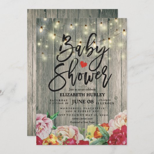 ウッド素朴フローラシックなストリングライトベビーシャワー 招待状 (正面/裏面)