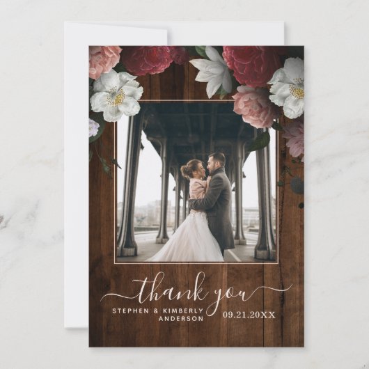 ウッド素朴フローラバーガンディーピンクヴィンテージ写真 サンキューカード (正面)