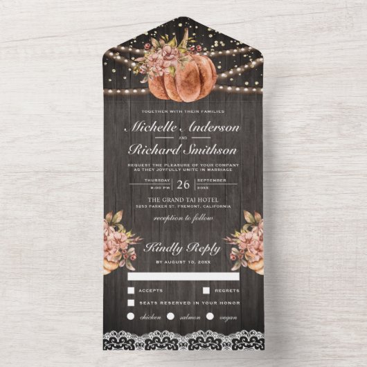 ウッド素朴フローラパンプキンオータム秋の結婚式 オールインワン招待状 (内側)