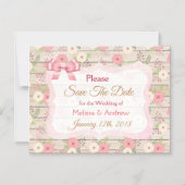 ウッド素朴フローラピンクセーブザデートマグネット マグネット招待状 (正面)