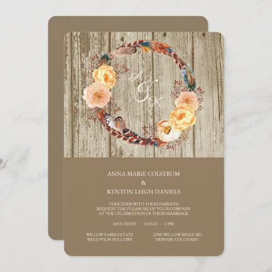 ウッド素朴フローラフェザーリース結婚ズ 招待状 (正面/裏面)