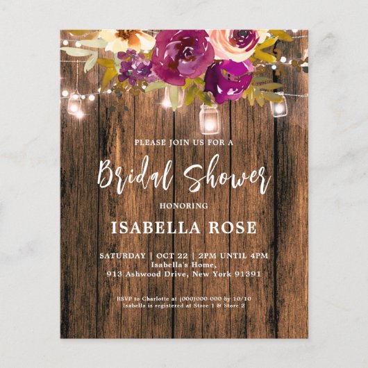 ウッド素朴フローラブライダルシャワー予算招待状 (正面)