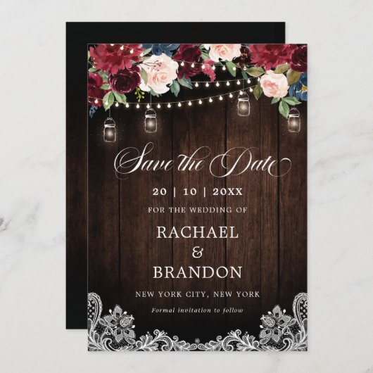 ウッド素朴フローラメイスンジャー日付を保存 セーブザデート (正面/裏面)